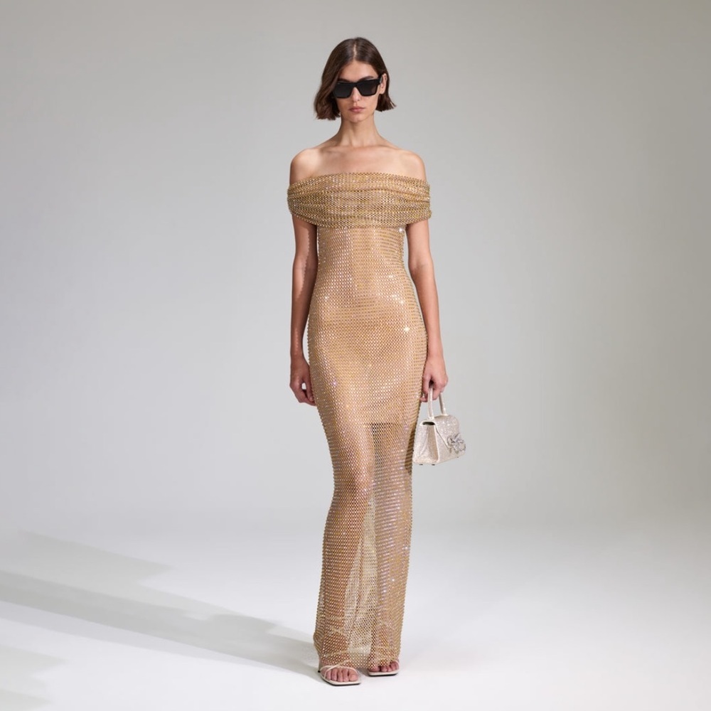Self Portrait Crystal Off Shoulder Nude Fishnet Mesh Dress Gown 2023 NWT!